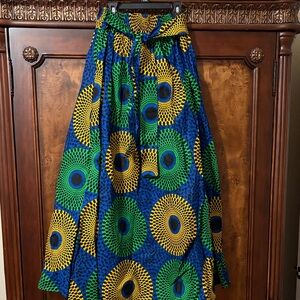 African Print Vibrant A-Line Skirt with Blue and Green Patterns